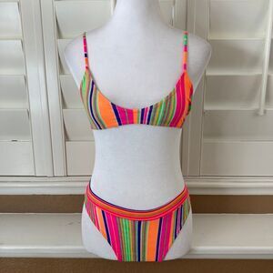 Vintage 80s Neon Stripe High Cut Bikini Colorful Swimwear Tropical Miami Sz M